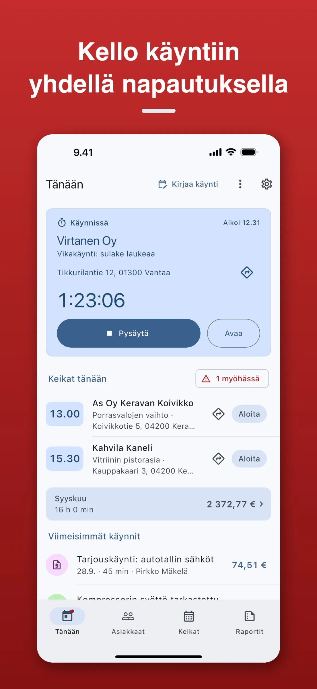 Joppiin Tänään-näkymä: käynnissä oleva käynti, päivän keikat ja viimeisimmät käynnit.