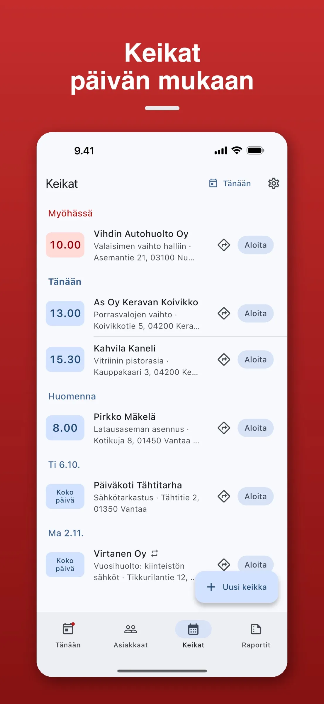 Käynnin rivit: tunnit, kilometrit ja tarvikkeet hintoineen.
