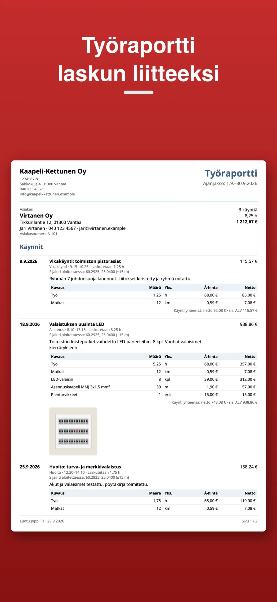Työraportti PDF:nä: käynnit, ajat, rivit ja summat laskun liitteeksi.